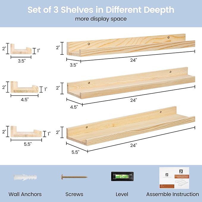 Picture Ledge Shelf for Wall, 24 inches Solid Pine Wood Nursery Book Shelves 3 Packs, Floating Ledge Shelves for Kids' Room Bedroom Bathroom Living Room Photo Frames Office Nursey Wall Decor, Natural-Ruum Studio Home