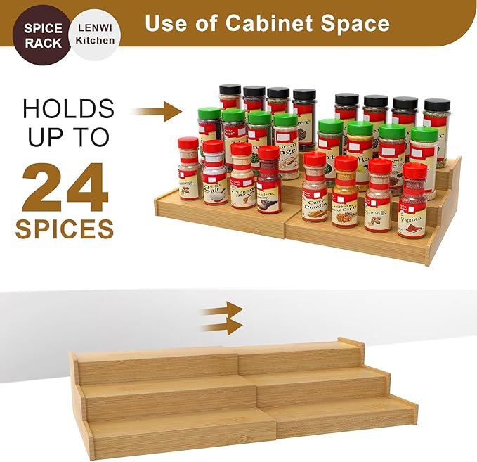 Spice Rack Organizer for Cabinet, 3 Tier Expandable Bamboo Spice Storage, Great for Kitchen Cabinet, Cupboard,Pantry and More-Ruum Studio Home
