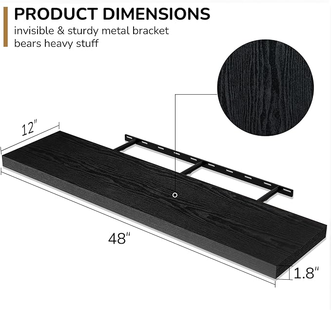 Fun Memories Floating Shelves - 12 Inch Rustic Wooden Wall Shelves - Extra Deeper & Thicker Wall Mounted Storage Shelf for Living Room, Kitchen, Farmhouse - 48" W x 12" D x 1.8" H - Rustic Black-Ruum Studio Home