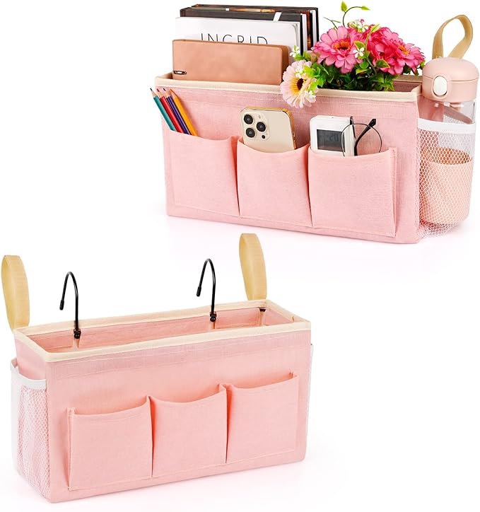 Bedside Caddy Bedside Organizer Bedside Storage Caddy with Fixed Straps and Water Bottle Holder for Home College Dorm Bunk Bed Hospital Bed Crib Bed Rails (2pcs Pink)-Ruum Studio Home