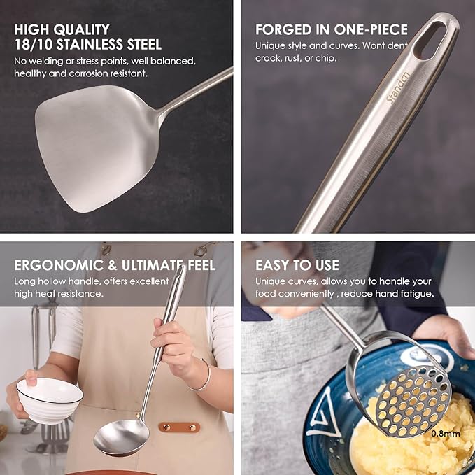 18/10 Stainless Steel Kitchen Utensils Set - 12 PCS All Metal Cooking Tools & 15″ Serving Utensils - Potato Masher, Meat Fork, Tongs, Turner, Pasta, Serving Spoon, Skimmer, Ladle, Spatula Spoon Set-Ruum Studio Home