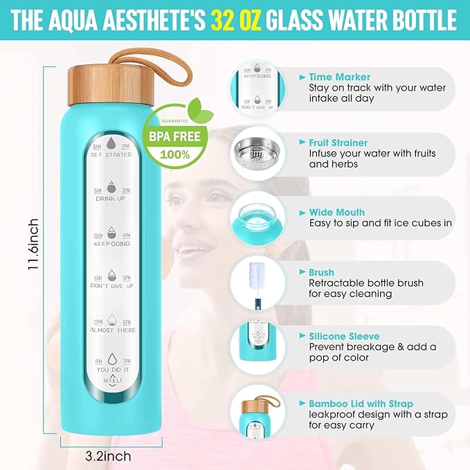 Aqulea Glass Water Bottles 32 Oz with Silicone Sleeve - BPA Free Reusable Wide Mouth Glass Motivational Water Bottles with Fruit Infuser – Leak Proof Borosilicate Water Bottle with Time Marker (Teal)-Ruum Studio Home
