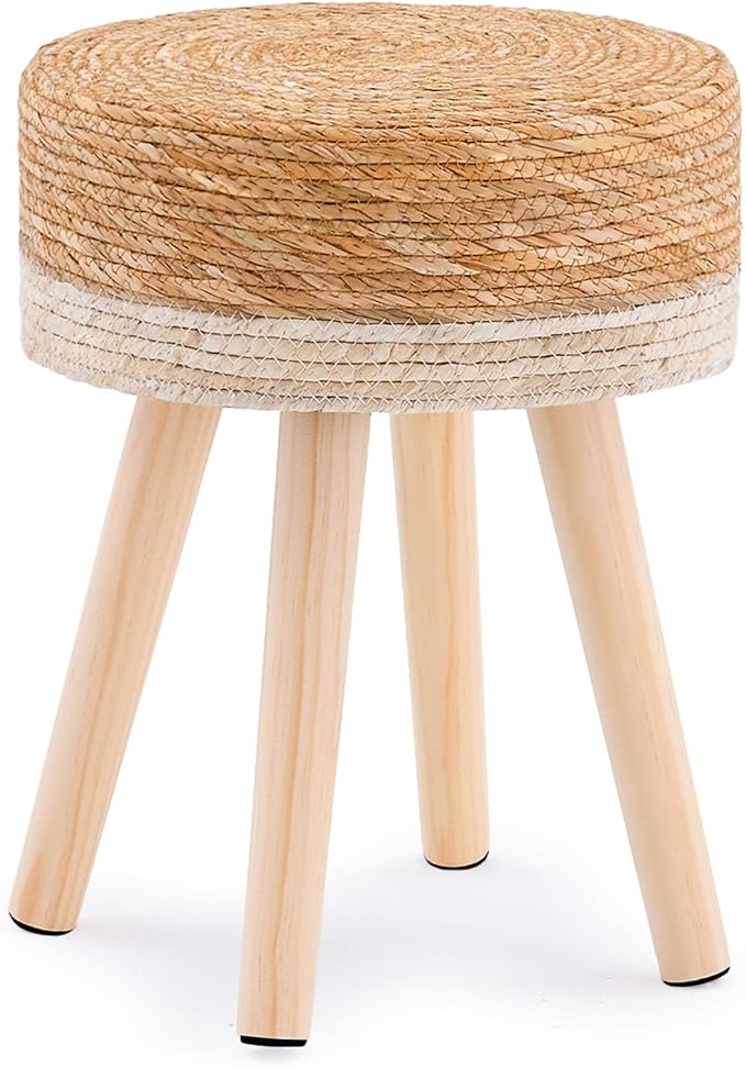 Handwoven Outdoor Ottoman, Water Hyacinth Pouf Round Patio Footstool with Wood Legs, 17-Inch Multipurpose Vanity Stool, Dining Chair, Patio Footrest for Balcony and Garden, White-Ruum Studio Home