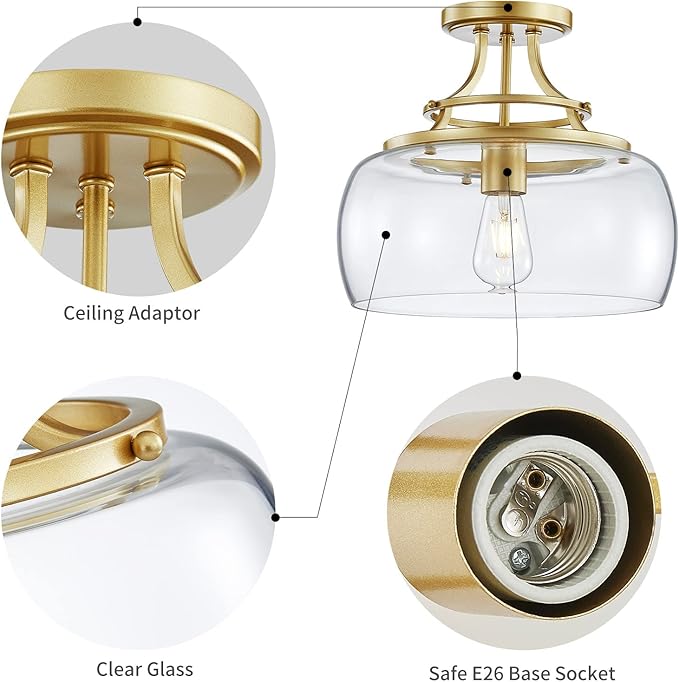 WUZUPS Chandelier Rustic Farmhouse Industrial Round Semi-flushmount Ceiling LED Light Fixture with Clear Glass Shades for Bathroom Kitchen Foyer Entryway, H 11.8" x W 13.4", E26 Base, Gold-Ruum Studio Home