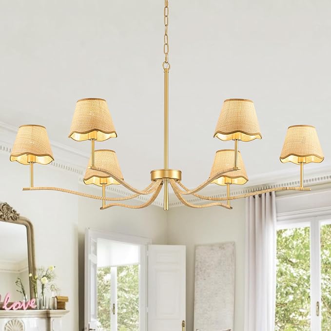6 Light Boho Rattan Chandelier 44'' Brass Gold Chandelier Light Fixture Hand Woven Dining Room Chandeliers for Entryway Bedroom Living Room Bathroom-Ruum Studio Home