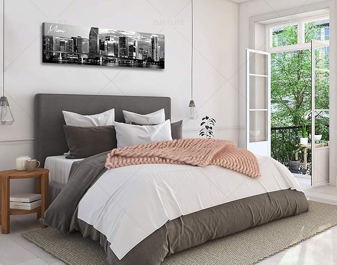 DJSYLIFE Miami Skyline Wall Art Decor Panoramic Cityscape Picture Modern USA City Night View Canvas Prints for Bedroom Office Living Room Decoration Stretched and Framed Ready to Hang 13.8"x47.3"-Ruum Studio Home