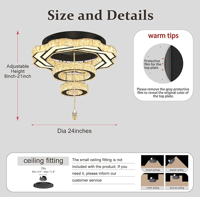 Flashing God Modern Crystal Chandeliers Dia 24" Black Chandelier Flush Mount Ceiling Light for Bedroom Living Room Dining Room Hallway Dimmable 3 Rings LED Celing Lighting Fixtures-Ruum Studio Home