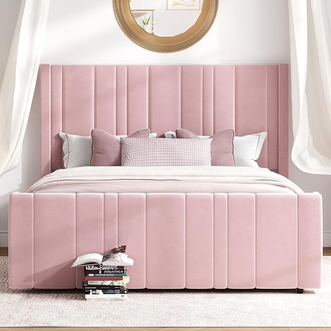 HOMBCK Queen Bed Frame Pink Upholstered Bed with Vertical Channel Tufted Headboard & 22" Footboard, Noise Free/Wooden Slats/Noise Free/No Box Spring Needed/Easy Assembly-Ruum Studio Home