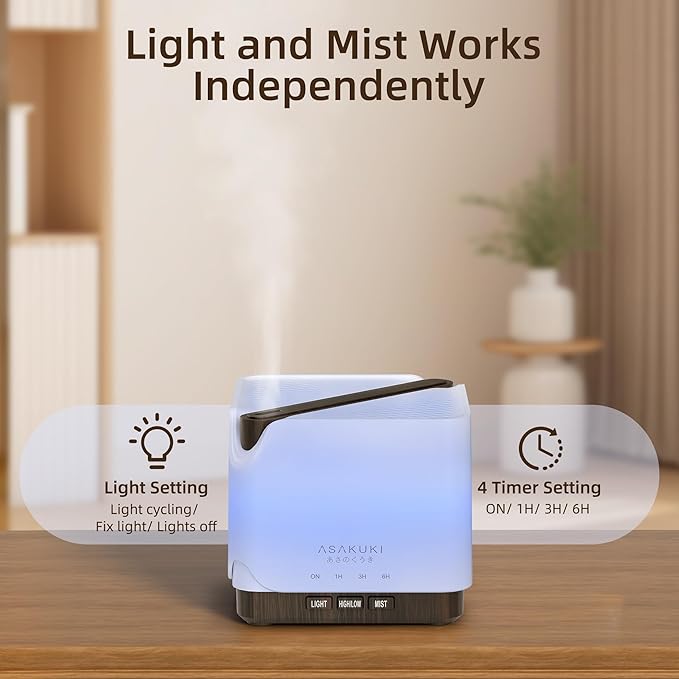 ASAKUKI Essential Oil Diffuser, Multifunctional Ultrasonic Aromatherapy Fragrant Oil Vaporizer Humidifier with Timer, Auto-Off Safety Switch, and 7 LED Light Colors, 700 ml (Brown Wood)-Ruum Studio Home
