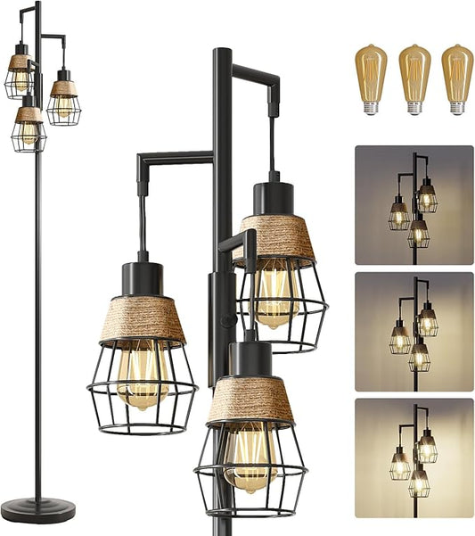 Oneach 68" Floor Lamps for Living Room, Stepless Dimmable Boho Floor Lamp with 3 Bulbs, Tall Farmhouse Industrial Corner Standing Tree Lamp for Bedroom, Office, Study Room, Dining Room, Black-Ruum Studio Home
