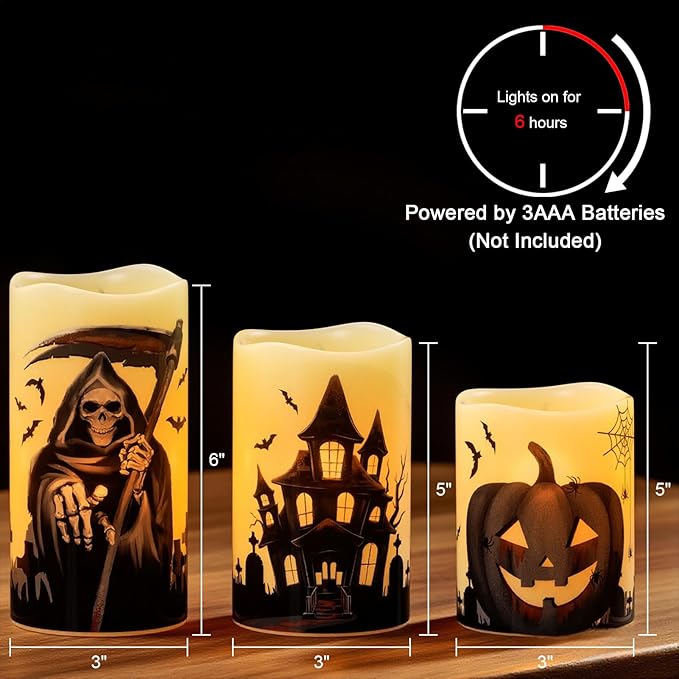 Wondise Halloween Flameless Flickering Candles with 6 Hour Timer, Battery Operated Real Wax Halloween Candles Set of 3 Halloween Decoration Grim Reaper, Haunted House, Pumpkin (3 x 4 5 6 Inch)-Ruum Studio Home