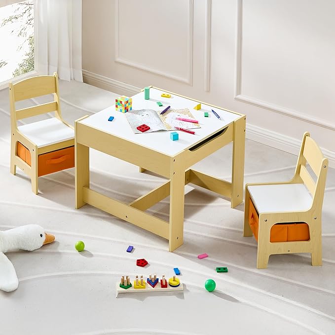 Kids Table and Chair Set, 3 in 1 Wooden Activity Table with Detachable Tabletop, Toddler Table and Chair Set with Storage Drawer, Kids Play Table for Children Art, Craft, Eating, Learning-Ruum Studio Home