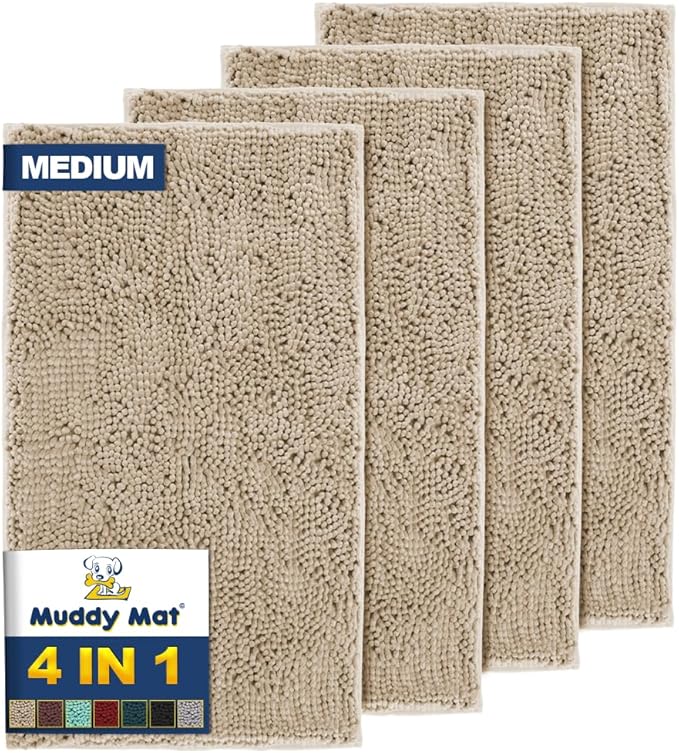 Muddy Mat® 4-Piece Beige Medium 30"X19" AS-SEEN-ON-TV Highly Absorbent Microfiber Door Mat, Bath Mat and Pet Rug, Non slip Thick Washable, Soft Chenille for Kitchen Bathroom Bedroom Indoor and Outdoor-Ruum Studio Home