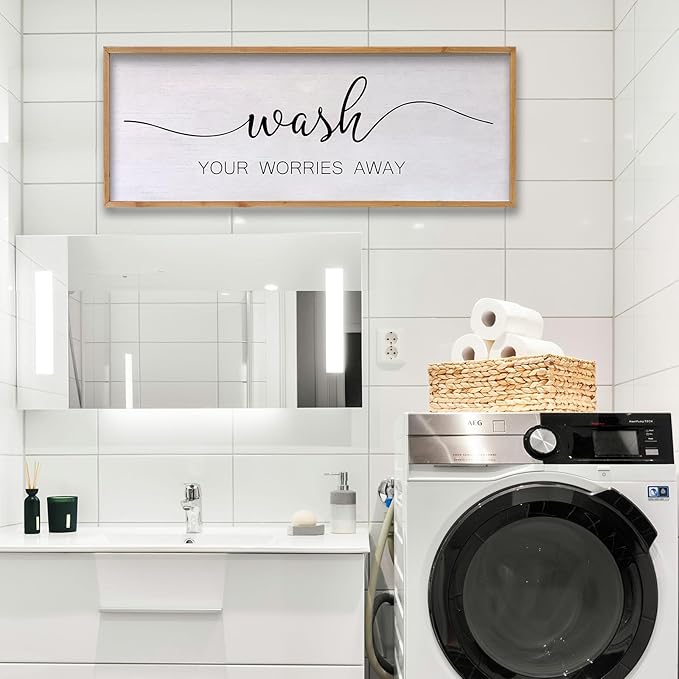 Wash Your Worries Away Bathroom Wall Art 24×10 Inch Wood Framed Decor Funny for Laundry Room Restroom Modern Rustic Inspirational Sign (Wood)-Ruum Studio Home