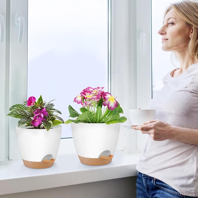 Plant Pots 8/7/6.5/6/5.5/5 Inch Self Watering Pots, Set of 6 Plastic Planters with Drainage Holes and Saucers,Plastic Flower Pots,Nursery Planting Pot for Indoor Out Door Plants（White）-Ruum Studio Home