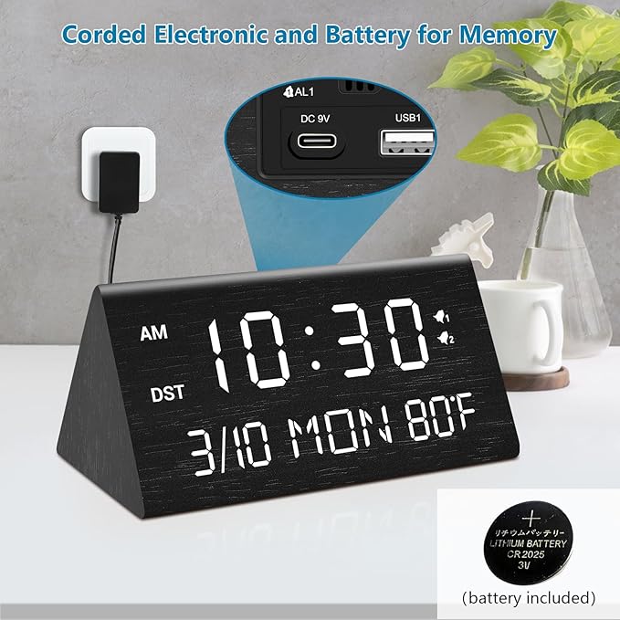 Kogonee Wooden Digital Alarm Clock, 0-100% Dimmer, 2 Alarm Settings, Weekday/Everyday Mode, 9 Mins Snooze, 12/24H, Temperature and Date Display for Office, Travel, Bedroom Alarm Clock (Black)-Ruum Studio Home