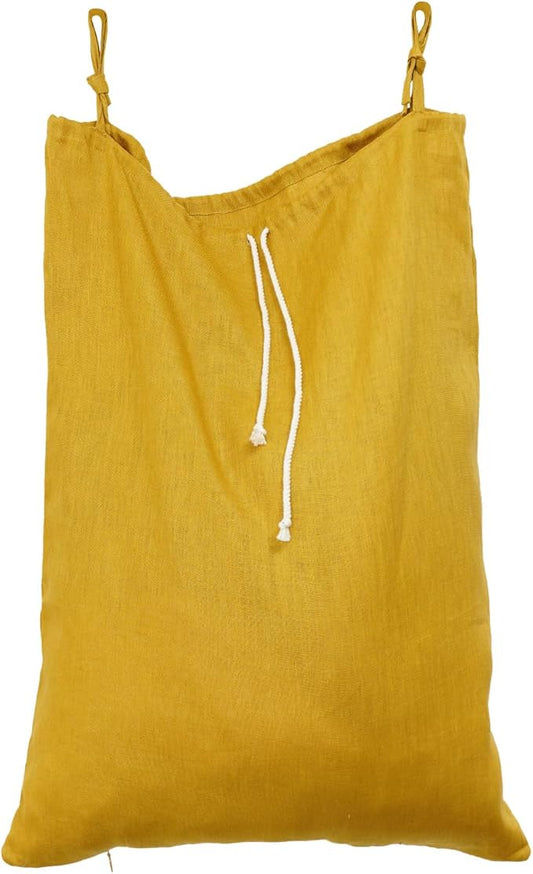 Linen Hanging Laundry Bag, Over The Door Laundry Hamper for Dirty Clothes, Drawstring Closure with Bottom Zipper, Turmeric-Ruum Studio Home