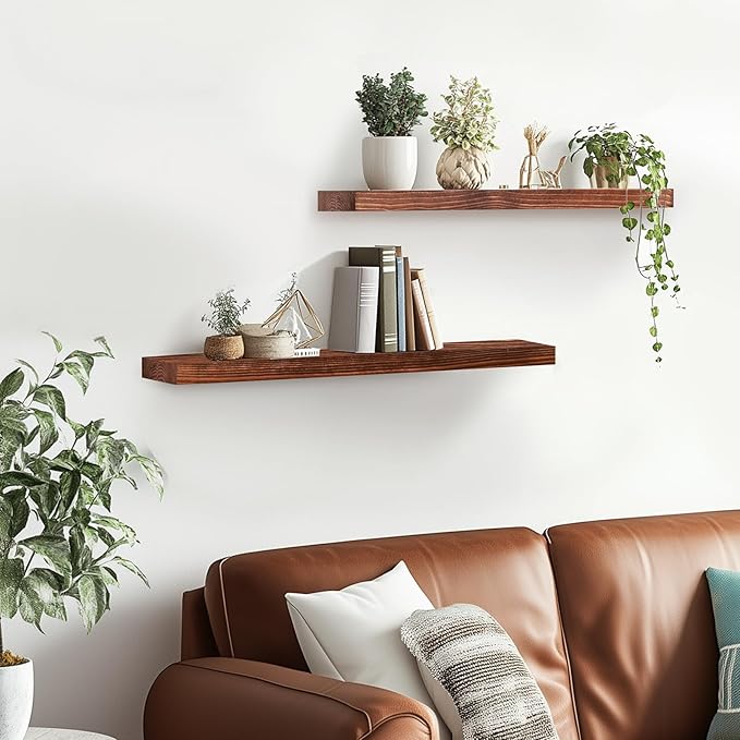 Floating Wall Shelves 2-Pack - 24-Inch Rustic Brown Wooden Shelves for Storage and Décor, Easy Installation for Living Room, Bedroom, and Kitchen-Ruum Studio Home