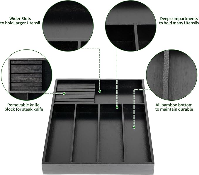 VaeFae Bamboo Silverware Organizer, Utensil Holder for Drawer, Wooden Cutlery Tray with Divider for Kitchen Drawer, Utensil Organizer with Knife Block（Black）-Ruum Studio Home