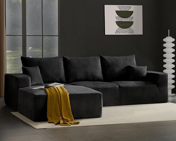 40" Square Stuffed Ottoman Pouf for Sofa Couch, Corduroy Poufs with Foam Chunk Filling, Furry & Fluffy Foot Stool Movable Ottoman. 40 * 40 Floor Poufs Foot Rest for Living Room, Black-Ruum Studio Home