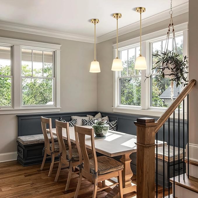Modern Gold Pendant Light 3 Pack Brushed Brass Mid Century Chandelier White Cylinder Glass Shades Adjustable Rods Farmhouse Ceiling Hanging Lighting Fixture Kitchen Island Dining Room Bedroom-Ruum Studio Home