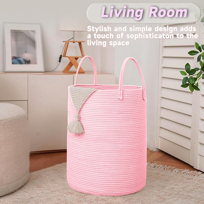 Large Woven Laundry Basket Hamper,80L Cotton Rope Storage Bin for Blankets,Toys and Clothes,Decorative Tall Nursery Hamper for Living Room,Baby Nursery,Bathroom and Bedroom,Pink-Ruum Studio Home