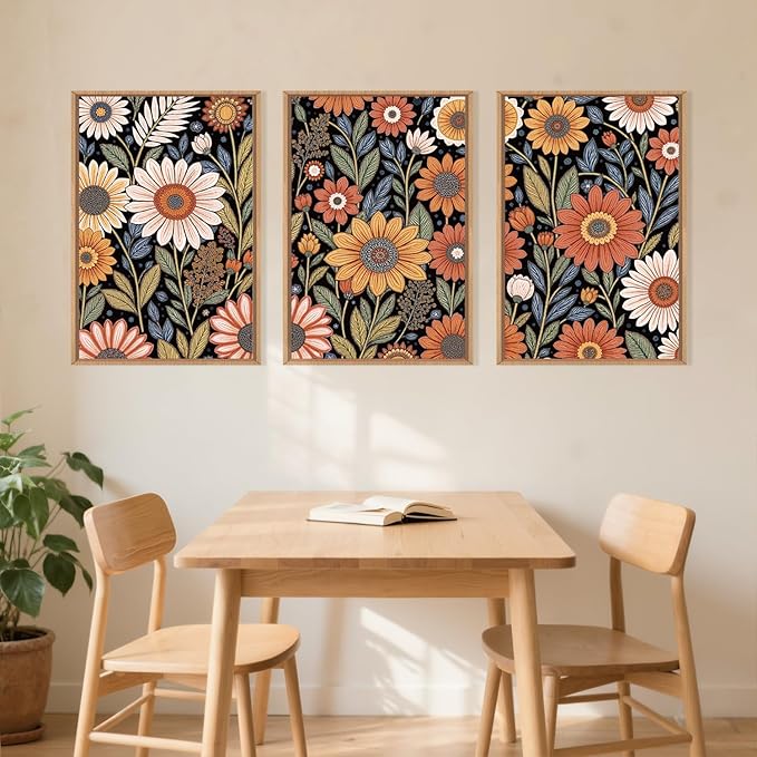 LHIUEM Large Abstract Boho Flower Framed Canvas Wall Art Set,Vintage Colorful Floral Wall Decor,Retro Wildfower Plant Painting,Botanical Artwork for Living Room,Bedroom,Dining Room,Office -16"x24"x3-Ruum Studio Home
