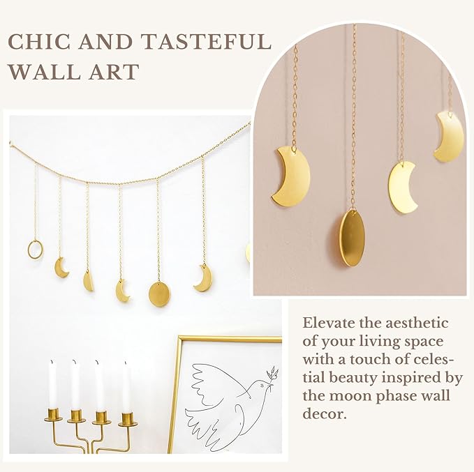 Mkono Moon Phase Wall Hanging Boho Aesthetic Room Decor Metal Moons Garland Hanging Art Bohemian Home Decoration for Girls Room Nursery Bedroom Livingroom Dorm, Ideal, Gold, 50"-Ruum Studio Home