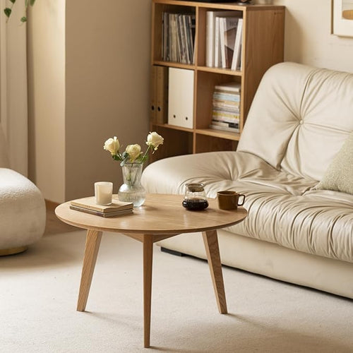 100% Solid Oak Wood Mini Coffee Table, Round Side Table w/Solid Wood Legs, Walnut Mid Century Coffee Table w/Sturdy Frame for Bedroom Balcony Living Room (29.53" D x 17.72" H)-Ruum Studio Home