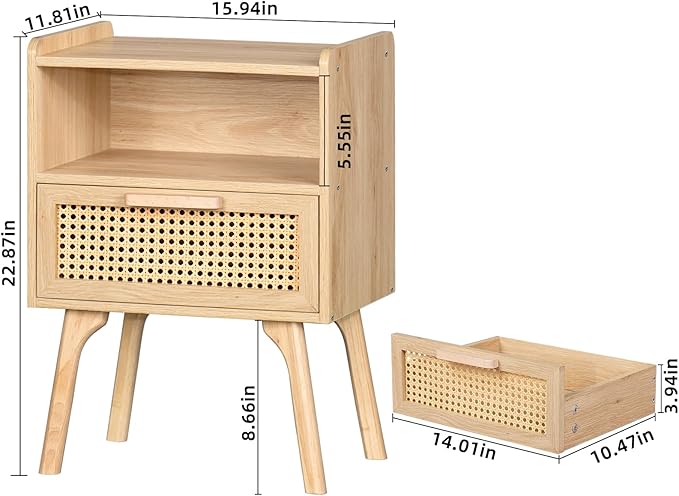 Lerliuo Rattan Nightstands Set of 2, Boho Side Table with Drawer Open Shelf, Cane Accent Bedside End Table with Solid Wood Legs for Bedroom, Dorm and Small Spaces (Natural)-Ruum Studio Home