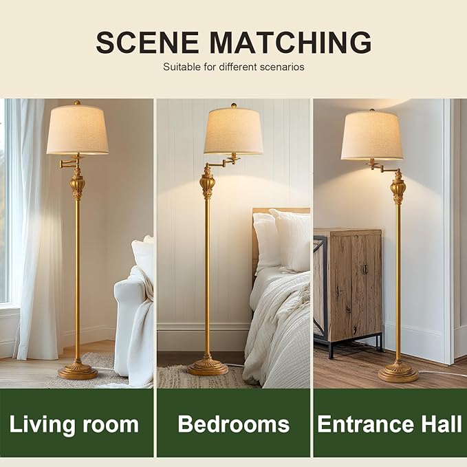 61" Vintage Floor Lamp with 350° Adjustable Swing Arm, Gold Standing Lamp for Bedroom Living Room Nightstand Bedside Retro Farmhouse Mid Century Lamp Light Home Décor Office Gifts-Ruum Studio Home