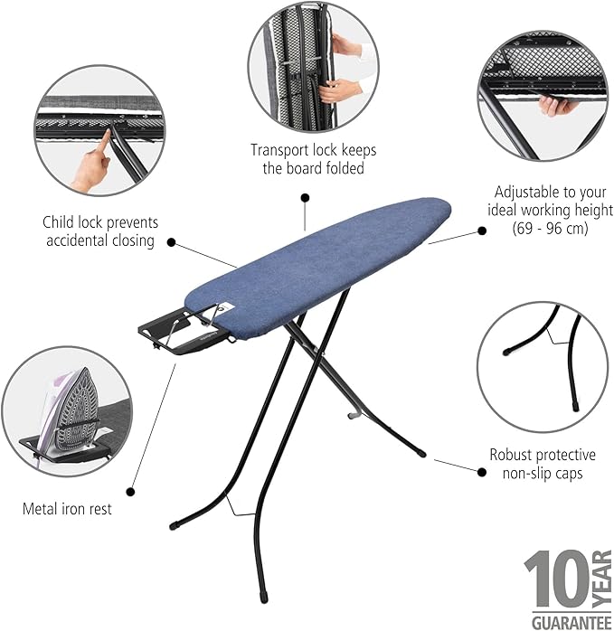 Brabantia Size A Compact Small Ironing Board (43x12 in) 7 Height Options, Adjustable Steam Iron Rest Holder (Denim Blue) Non-Slip Feet, Anti-Collapse Child Locks-Ruum Studio Home