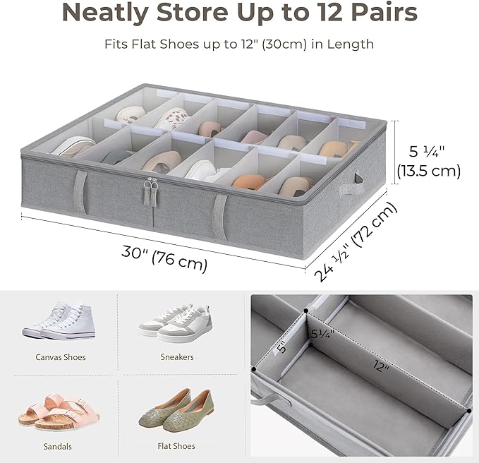 StorageWorks Under Bed Shoe Storage Organizer, Underbed Shoes Container with Adjustable Dividers, Shoe Storage Basket with Cover, Grey, 2-Pack, Space-Saving Shoe Box Fits up to 24 Pairs-Ruum Studio Home