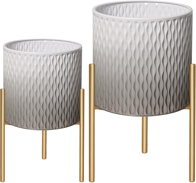 ARNIS Plants Pots with Stand,Set of 2 Flower Pots, Unique Mid Century Decorative Metal Flower Pots with Drainage,10.5&12.25 Inch, Grey and White-Ruum Studio Home