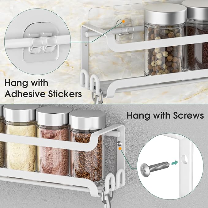 LUCYCAZ 6 Pack Wall Mounted Spice Rack with 22 Hooks, Spice Organizer Shelf for Stove Cabinet Pantry Door,Screw or Adhesive Spice Shelf Hanging Wall Spice Rack in Kitchen and RV (White, 6 PACK)-Ruum Studio Home