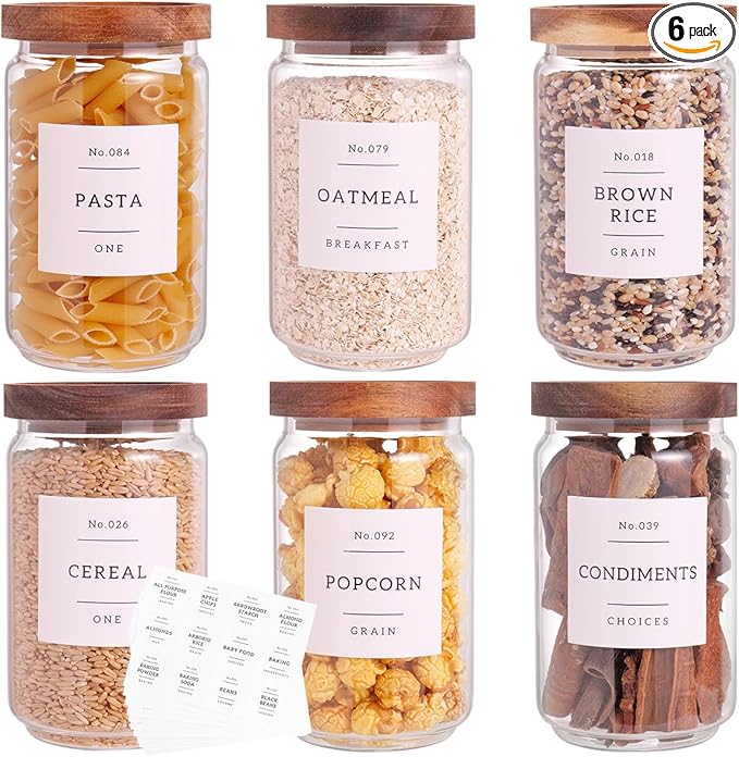 6 Set Glass Pantry Storage Jars with Acacia Airtight Lid - 23oz Thicken Glass Kitchen Canisters with 132 Pantry Labels - Clear Glass Food Storage Containers with Wood Lid for Tea,Sugar,Cookie,Coffee-Ruum Studio Home