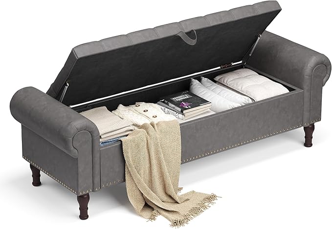 YOUDENOVAn 60”Bench with Storage, Upholstered Tufted Button Window Bench with Plenty Hidden Storage Space,Faux Leather Ottoman Bench for Bedroom, Living Room, Entryway，Grey-Ruum Studio Home