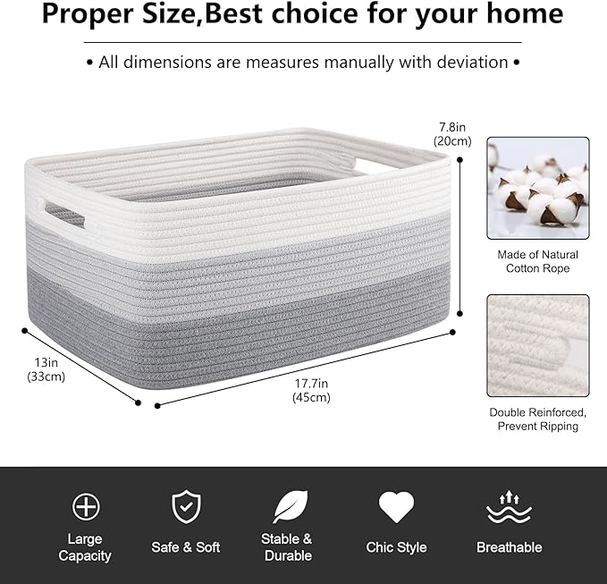 Large Storage Basket for Organizing, Woven Rope Basket for Shelves, Closet Organizer Bins for Clothes, Blanket, Toys, Baby Nursery Storage, 17.7" x 13" x 7.87", 2 Packs Gradient Grey-Ruum Studio Home