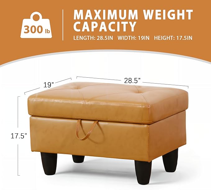 Ottoman Rectangular Storage Ottoman Bench, Faux Leather Footrest, Coffee Table, Stool Footstool with Hinged Lid for Living Room, Bedroom, Entryway, Orange, 28.5"x19"x17.5"-Ruum Studio Home