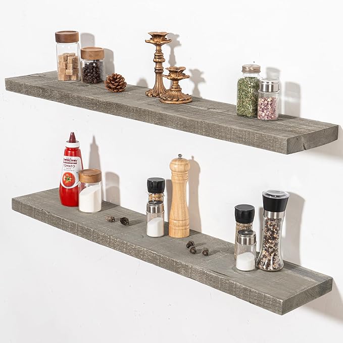 Fun Memories Floating Shelves for Wall Decor, 40"x8" Rustic Reclaimed Wood Shelves, Heavy-Duty Wall Mounted Shelves with Invisible Brackets, Set of 2for Living Room, Bedroom, Kitchen, Grey Finish-Ruum Studio Home