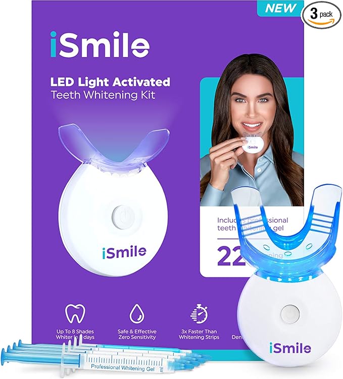 iSmile Teeth Whitening Kit - LED Light, 35% Carbamide Peroxide, (3) 3ml Gel Syringes, (1) Remineralization Gel, and Tray.-Ruum Studio Home