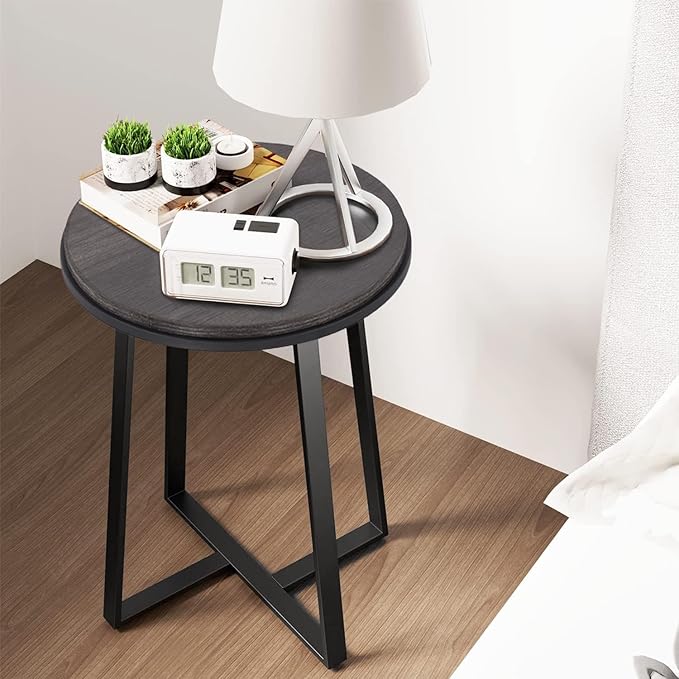 Round End Table, Small Side Table Grey Color MDF Top, Metal Frame Black, Tall End Side Table for Bed Room, Coffee Tea End Table for Living Room(Round Grey)-Ruum Studio Home