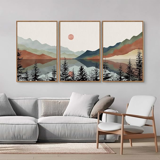 Tinonedraw Boho Mountain Framed Canvas Wall Art Set, Watercolor Nature Landscape Wall Decor, Black Pine Forest Artwork, Modern Sunrise Art Prints for Living Room, Bedroom, Office 16"x24"x3-Ruum Studio Home