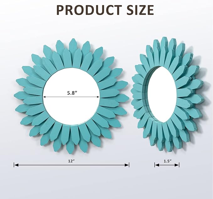 Honiway Beach Wall Decor Mirror 12 inch Wood Coastal Wall Decor Sunburst Boho Home Decor Room Decor for Bedroom Living Room Bathroom Cyan-Ruum Studio Home
