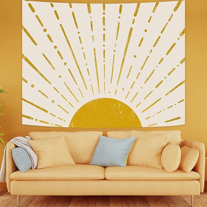 Kanuyee Gold Boho Burning Sun Tapestry Wall Hanging, Retro 70s Abstract Vintage Geometric Line Sunrise Tapestries for Bedroom Living Room Backdrop 36×48 inch-Ruum Studio Home