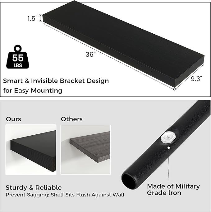 Floating Shelves - 2 Large Wall Mounted Shelves with Invisible Brackets, Long Wood Floating Wall Shelf for Living Room, Bedroom, Kitchen (Black, 36" W x 9" D x 1.5" H)-Ruum Studio Home