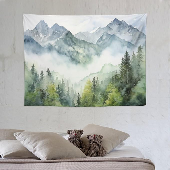 HZOHNAGO Mountain Tapestry Misty Green Forest Mountain Pattern Printed Wall Tapestry Wall Hanging for Bedroom Living Room Dorm 40" W x 30" H-Ruum Studio Home