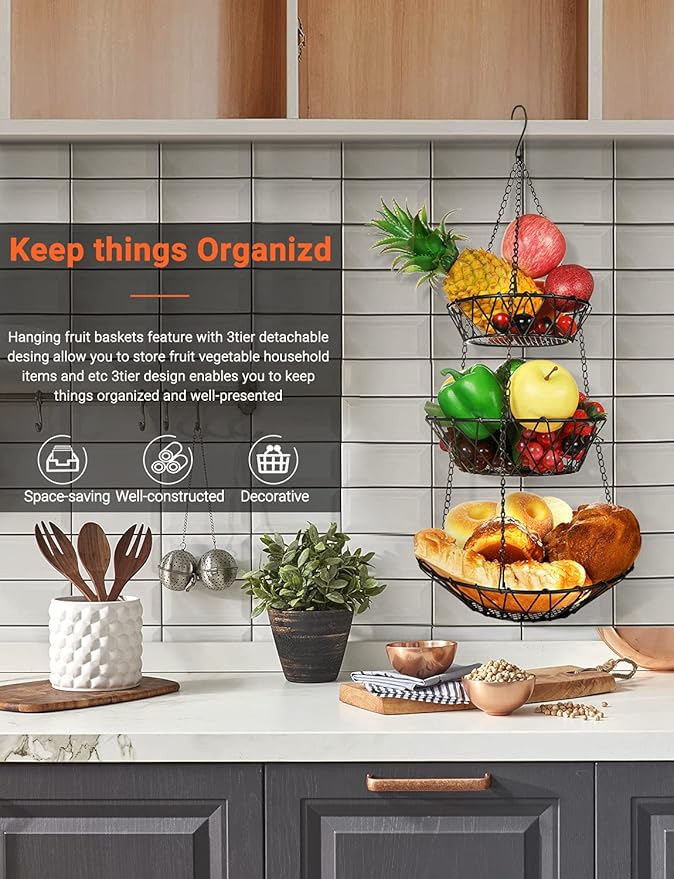 3 Tier Hanging Basket with Sturdy Metal Chain Hanging Hooks Fruit and Vegetable Basket Heavy Duty Wire Organizer Space Saving Rustic Country Style Kitchen Storage-Ruum Studio Home