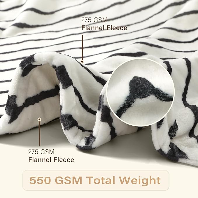 Lahome Boho Fleece Throw Blanket Black White Striped Fluffy Bed Throws Soft Cozy Warm Fuzzy Throw Blanket Reversible Blankets for Couch Sofa, Off White 50''x60''-Ruum Studio Home