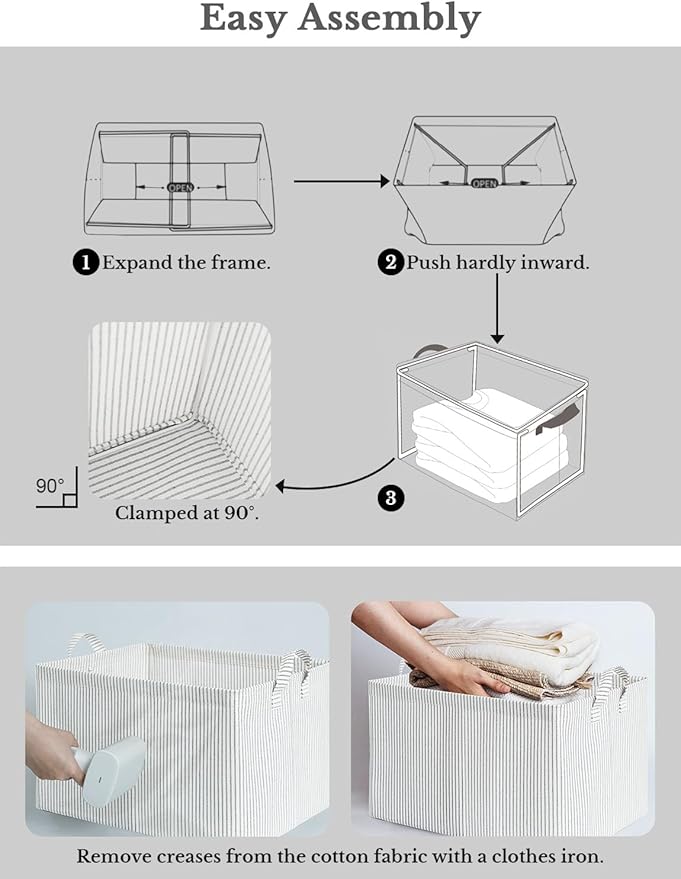 StorageWorks Storage Bins, Fabric Storage Bins for Shelves, Storage Baskets with Metal Frame, Closet Baskets and Bins with Handles, Gray and White Stripes, 2-Pack-Ruum Studio Home